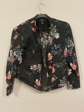 MNG Mango Floral Print Moto Jacket Women’s US 6 Medium Black Zip Pockets